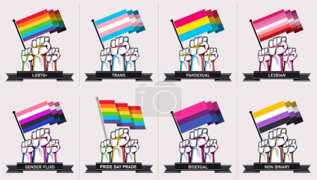 LGBTQ flags set with modern abstract style design. Rainbow flag colored LGBT rights campaign. Pride day parade. Lesbians, gays, bisexuals, transgenders, queer, pansexual love. Vector Flags Collection.