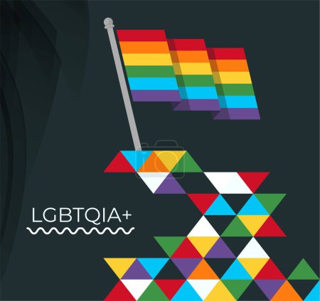 Illustration for LGBTQ flag banner with modern triangles abstract background design. Rainbow flag colored LGBT rights awareness campaign. Pride day parade. Lesbians, gays, bisexuals, transgenders, queer love. Vector - Royalty Free Image