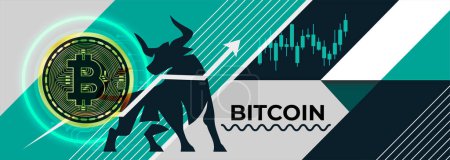 Illustration for Bitcoin background, Bull market or bullish run trend in crypto currency. Trade exchange bitcoin banner, green up arrow graph for increase in value. Cryptocurrency price chart. Bitcoin ETF Vector - Royalty Free Image