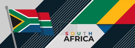Téléchargez les illustrations : Drapeau de l'Afrique du Sud pour la bannière de fête de l'indépendance nationale, fond coloré et design moderne abstrait géométrique - en licence libre de droit