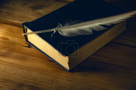 Photo for Feather on book on the wooden table - Royalty Free Image