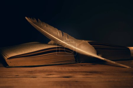 Photo for Feather on book on the wooden table - Royalty Free Image