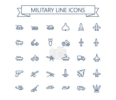 Téléchargez les illustrations : Ensemble d'icônes vectorielles de ligne militaire. Icônes de contour militaire. Course modifiable. 24x24 px. - en licence libre de droit