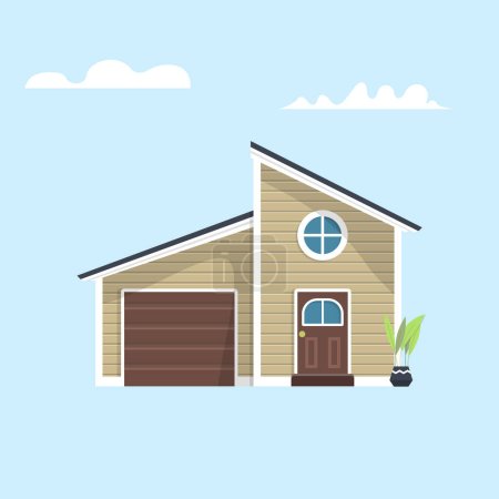 Illustration for American house with garage flat vector icon. Modern home with vinyl siding panel illustration. Family residence. - Royalty Free Image