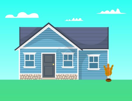 Illustration for House flat vector icon. Home with vinyl siding panel vector illustration. Faux stone siding panels trim. - Royalty Free Image