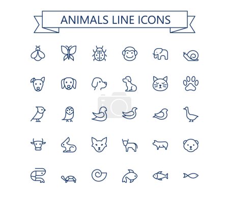 Ilustración de Animales línea mini iconos conjunto. Un derrame cerebral. Red 24x24. Pixel perfecto. - Imagen libre de derechos