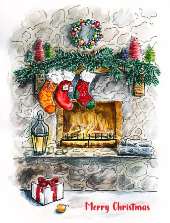 Photo for New Year card with fireplace, Christmas tree and toys - Royalty Free Image