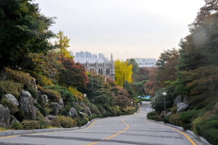 Foto de SEÚL, COREA DEL SUR - 26 DE OCTUBRE DE 2022: Camino largo y sinuoso de la Universidad Kyung Hee con un follaje colorido de árboles en otoño. Hay turistas caminando en la foto. - Imagen libre de derechos