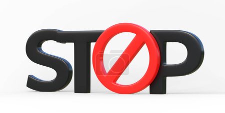 Foto de Word STOP con rojo Ningún símbolo aislado sobre fondo blanco. Concepto de signo prohibido. 3D Render, Ilustración 3D - Imagen libre de derechos