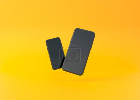 Foto de Dos mockup teléfonos están flotando sobre un fondo amarillo. Ilustración de representación 3D - Imagen libre de derechos