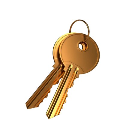 Foto de Manojo de llaves doradas con anillo aislado sobre fondo blanco. ilustración de renderizado 3d - Imagen libre de derechos