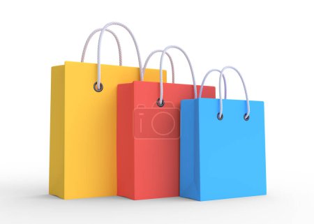 Foto de Conjunto de coloridas bolsas de compras vacías aisladas en fondo blanco. Concepto minimalista. ilustración de renderizado 3d - Imagen libre de derechos
