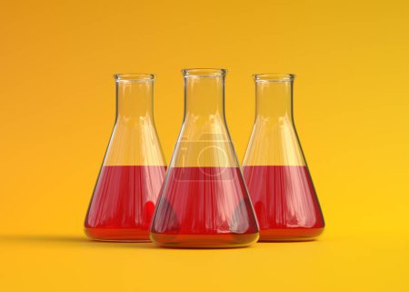 Téléchargez les photos : Trois erlenmeyer flasque avec liquide rouge sur fond jaune. Fiole de chimie, verrerie de laboratoire, équipement. Concept minimal. Illustration de rendu 3d - en image libre de droit