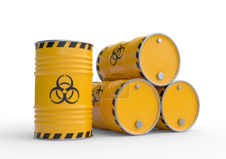 Biohazard Abfalltonnen mit Biohazard-Symbol, isoliert auf weißem Hintergrund. Giftmüll in Fässern. 3D-Darstellung