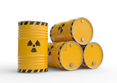 Foto de Desechos radiactivos barriles amarillos con símbolo radiactivo, aislados sobre fondo blanco. Residuos nucleares en barriles. Ilustración de representación 3d - Imagen libre de derechos
