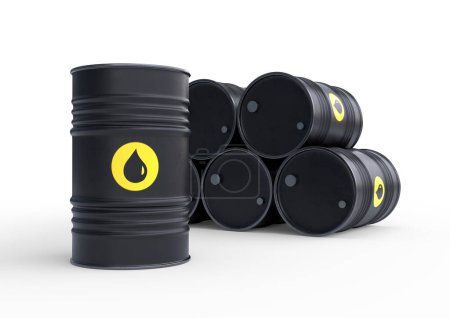 Foto de Barriles negros de petróleo sobre fondo blanco. Ilustración de representación 3D - Imagen libre de derechos