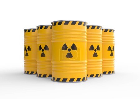 Radioactive waste yellow barrels with radioactive symbol, isolated on white background. Nuclear waste in barrels. 3d rendering illustration