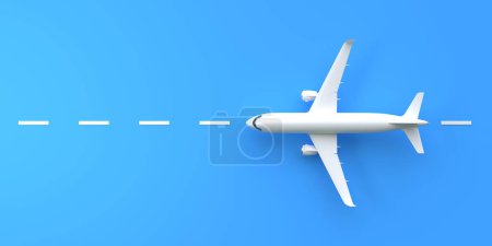 Photo for Airplane on a blue background with copy space. Minimal style design. Top view. 3d rendering illustration - Royalty Free Image