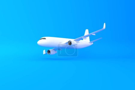 Téléchargez les photos : Avion sur fond bleu avec espace de copie. Design minimaliste. Illustration de rendu 3d - en image libre de droit