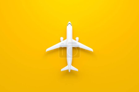 Foto de Avión sobre fondo amarillo con espacio de copia. Diseño de estilo mínimo. Vista superior. Ilustración de representación 3d - Imagen libre de derechos