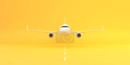 Photo for Airplane taking off the runway on a yellow background with copy space. Minimal style design. Front view. 3d rendering illustration - Royalty Free Image