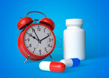 Photo for Alarm clock, tablets and white pills bottle on blue background with copy space. Medicine concepts. Minimalistic abstract concept. 3d Rendering illustration - Royalty Free Image