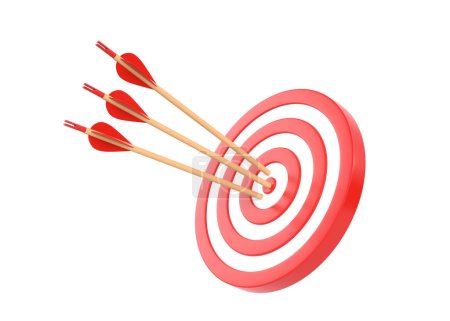 Photo for Archery target with three arrows isolated on white background. Dartboard and bullseye. Business success, investment goal, aim strategy, achievement focus concept. 3d render illustration - Royalty Free Image