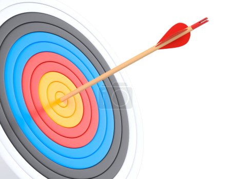 Photo for Arrow hit to center of dartboard isolated on white background. Archery target and bullseye. Business success, investment goal, aim strategy, achievement focus concept. 3d render illustration - Royalty Free Image