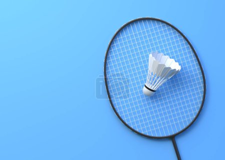 Photo for Badminton racket and shuttlecock on blue background. Top view. 3d rendering illustration - Royalty Free Image