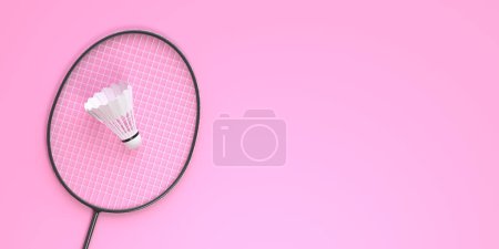 Photo for Badminton racket and shuttlecock on pink background. Top view. 3d rendering illustration - Royalty Free Image