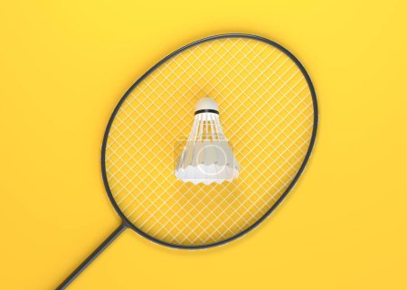Photo for Badminton racket and shuttlecock on yellow background. Top view. 3d rendering illustration - Royalty Free Image