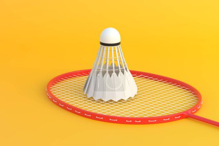 Photo for Badminton racket and shuttlecock on yellow background. 3d rendering illustration - Royalty Free Image