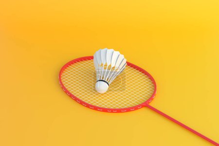 Badmintonschläger und Federball auf gelbem Hintergrund. 3D-Darstellung