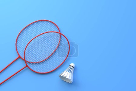 Téléchargez les photos : Raquette de badminton et volant sur fond bleu. Vue de dessus. Illustration de rendu 3d - en image libre de droit