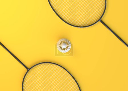 Téléchargez les photos : Raquette de badminton et volant sur fond jaune. Vue de dessus. Illustration de rendu 3d - en image libre de droit