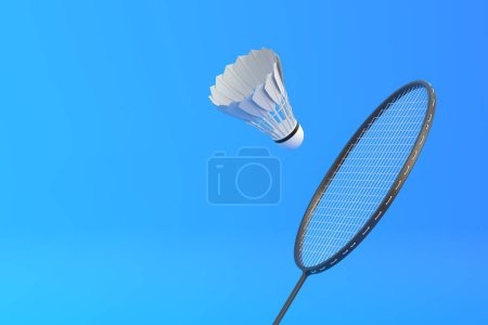 Badmintonschläger und Federball auf blauem Hintergrund. 3D-Darstellung