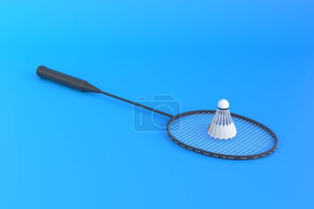 Téléchargez les photos : Raquette de badminton et volant sur fond bleu. Illustration de rendu 3d - en image libre de droit