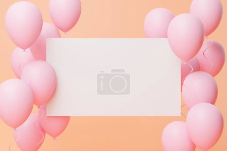 Photo for Pink pastel balloons and paper floating on peach background. Concept for birthday, party, wedding cards or advertising banners or posters. 3d render illustration - Royalty Free Image