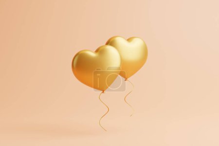 Téléchargez les photos : Deux ballons en forme de coeur d'or isolés sur un fond de pêche. Concept de Saint-Valentin. Illustration de rendu 3D - en image libre de droit
