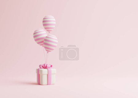 Foto de Manojo de globos a rayas blancas y rosadas con caja de regalo blanca sobre fondo pastel rosa. ilustración de renderizado 3d - Imagen libre de derechos