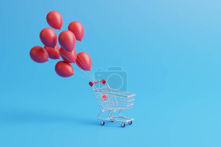Foto de Manojo de globos rojos con carrito de compras de metal sobre fondo azul. Concepto de venta, descuento y marketing. ilustración de renderizado 3d - Imagen libre de derechos