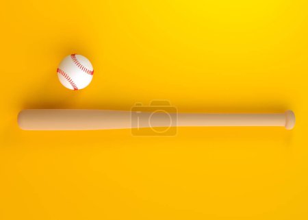Foto de Bate de béisbol y pelota de béisbol aislados sobre fondo amarillo. Vista superior. Concepto creativo mínimo. representación 3d, ilustración 3d - Imagen libre de derechos