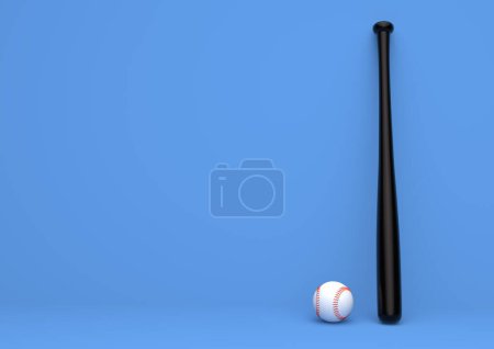 Téléchargez les photos : Balle de baseball et batte de baseball isolés sur un fond bleu pastel. Concept sportif créatif minimal. rendu 3D illistration - en image libre de droit