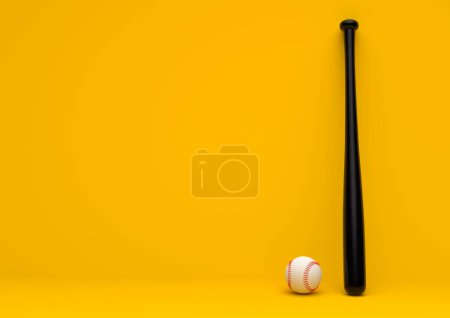 Téléchargez les photos : Balle de baseball et batte de baseball isolés sur un fond jaune pastel. Concept sportif créatif minimal. rendu 3D illistration - en image libre de droit