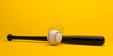 Téléchargez les photos : Balle de baseball et batte de baseball isolés sur un fond jaune pastel. Concept sportif créatif minimal. rendu 3D illistration - en image libre de droit