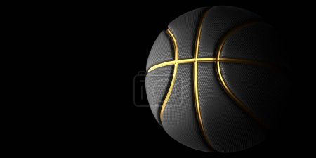 Photo for Black Basketball with Gold Line Design dark Background. Basketball in the air and texture with dots. 3D illustration. 3D rendering high resolution. - Royalty Free Image