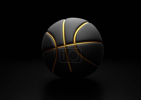 Téléchargez les photos : Basketball noir avec Gold Line Design fond foncé. Basket-ball dans l'air et la texture avec des points. Illustration 3D. rendu 3D haute résolution. - en image libre de droit