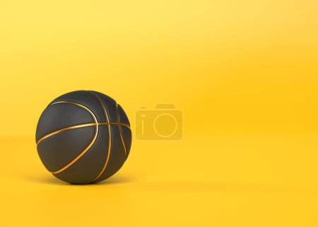 Téléchargez les photos : Basket-ball noir sur fond jaune vif avec espace de copie. Concept sportif créatif minimal. 3d rendu illustration 3d - en image libre de droit