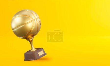 Foto de Copa trofeo de baloncesto sobre fondo amarillo. Premio al torneo deportivo, copa ganadora de oro y concepto de victoria. Ilustración de representación 3d - Imagen libre de derechos
