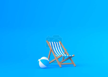 Foto de Reposapiés a rayas y pelota de playa sobre fondo azul. Concepto de vacaciones de verano o vacaciones en la playa. representación 3d, ilustración 3d - Imagen libre de derechos